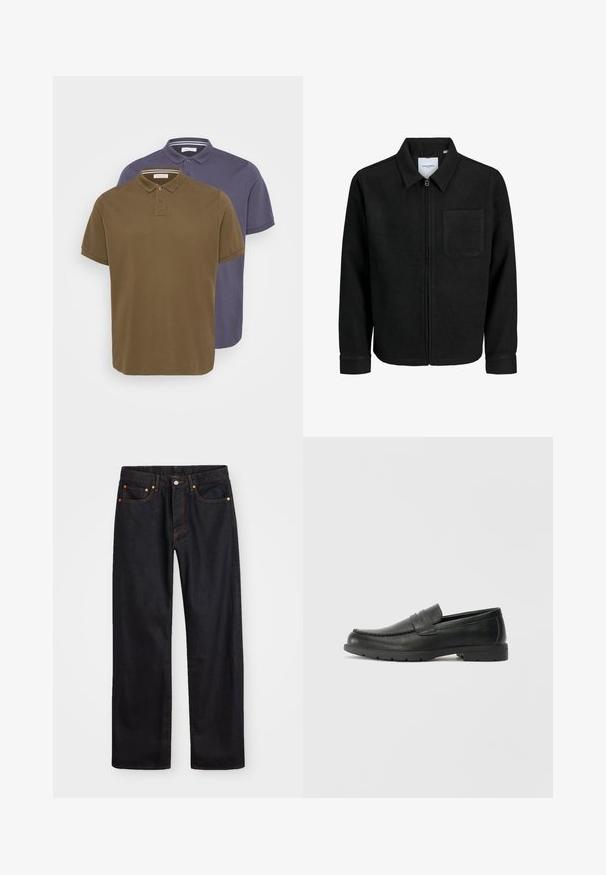 Sort lynlåsjakke med krave og en enkelt brystlomme, vist på hvid baggrund.; To polo shirts i olivengrøn og marineblå. Korte ærmer, klassisk krave, knappestolpe med tre knapper. Glat bomuldsstof.; Mænds lige ben sorte denim jeans med fem lommer og orange syninger, knap- og lynlåslukning foran på taljen.; Sorte læderslippers med en glat finish, mokkasin-stil overdel, syninger og gummisål. Klassisk design med en lav hæl.