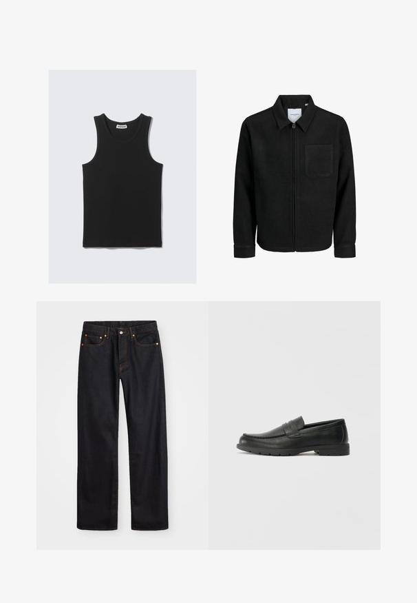 Black zip-up jacket with collar and single chest pocket, displayed on white background.; Black cotton tank top with a ribbed texture, featuring a round neckline and wide armholes. Label visible at the neck.; Men’s straight-leg black denim jeans with five pockets and orange stitching, button and zip closure on front waistband.; Black leather loafers with a smooth finish, moccasin-style upper, stitched detailing, and a rubber sole. Classic design with a low heel.