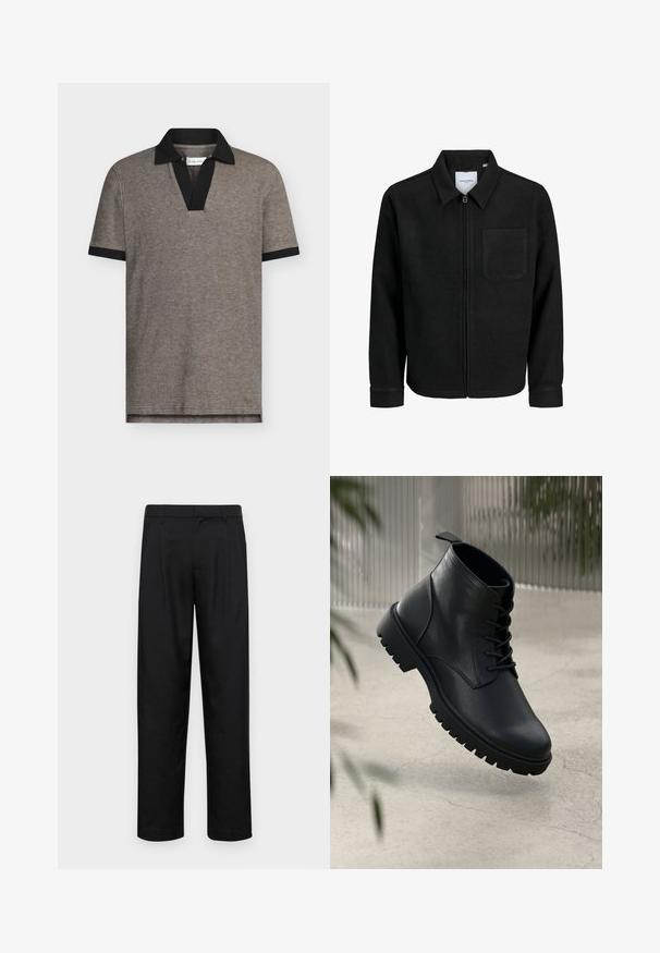 Chaqueta negra con cremallera y cuello, con un solo bolsillo en el pecho, expuesta sobre un fondo blanco.; Polo en tejido gris texturizado con cuello y puños de manga en negro. Presenta un diseño de cuello en V, mangas cortas y un dobladillo recto.; Pantalones negros de tela suave, con un diseño de pierna recta, dos pliegues frontales y una cintura estándar con trabillas para el cinturón.; Botas de cuero negro hasta el tobillo con punta redondeada, diseño de cordones y suela de goma resistente. Textura suave con una pestaña en la parte posterior.