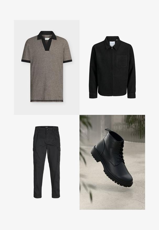 Juodas džemperis su užtrauktuku, apykakle ir vienu krūtiniu kišenėje, pristatytas baltame fone.; Polo marškinėliai iš pilko tekstūruoto audinio su juodu apykakle ir rankogaliais. Turi V formos kaklą, trumpas rankoves ir tiesų apačią.; Juodi krovinių tipo džinsai, pagaminti iš tvirto audinio, su keliais kišeniais, mygtuko uždarymu ir siauru, prigludusiu dizainu su siaurėjančiomis kojomis.; Juodi odiniai auliniai batai su apvaliu pirštu, su raišteliais ir tvirtu guminio pado dizainu. Romus paviršius su kilpeliu gale.