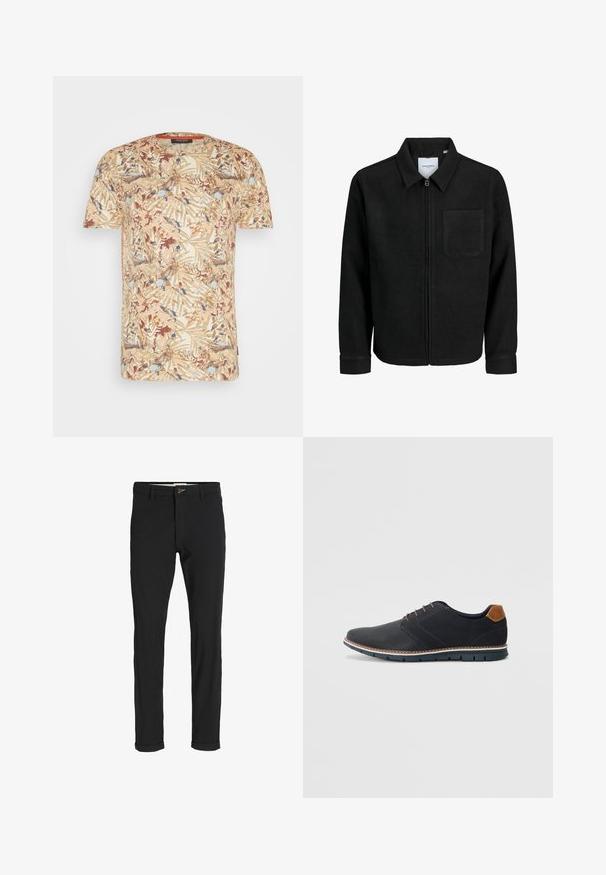 Zwarte zip-up jas met kraag en enkele borstzak, weergegeven op een witte achtergrond.; Korteklassige t-shirt met een beige basis en een meerkleurig bladenpatroon in bruintinten, blauw en crème. Ronde halslijn, zachte stof.; Zwarte katoenen broek van een katoenmix met een slim fit, voorzien van een knoopsluiting, zakken en opgerolde mouwen voor een casual afwerking.; Zwarte synthetische schoenen met een gestructureerde bovenkant, gladde accenten, bruine hak en een contrasterende zool. Bevat minimale veters en stikdetails.