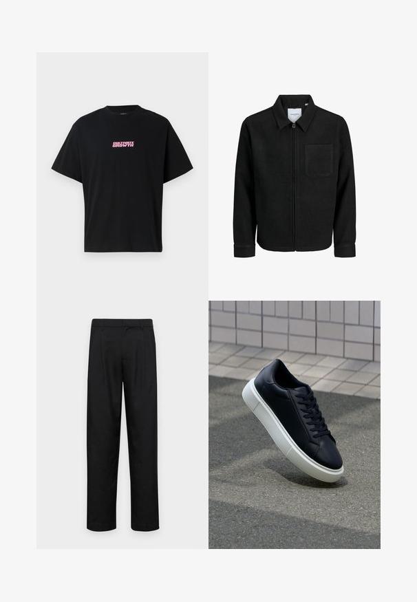 Black zip-up jacket with collar and single chest pocket, displayed on white background.; Black cotton t-shirt with short sleeves. Features a pink graphic text "CULTIVATE GROWTH" centered on the front. Simple design, relaxed fit.; Black trousers made of smooth fabric, featuring a straight-leg design, two front pleats, and standard waistband with belt loops.; Black leather sneaker with rounded toe and white rubber sole. Features flat laces and minimal stitching on the upper. Textured sole for grip.