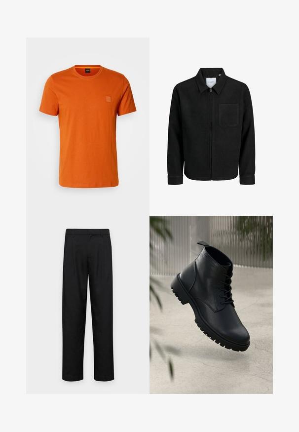 Juodas džemperis su užtrauktuku, apykakle ir vienu krūtiniu kišenėje, pristatytas baltame fone.; Trumpas rankovės marškinėliai iš ryškiai oranžinės medvilnės. Yra nedidelis kvadratinis logotipas kairėje krūtinės pusėje ir klasikinio apvalaus kaklo dizainas.; Juodi kelnių modeliai, pagaminti iš lygios medžiagos, turi tiesią kojas, du priekiniai klostės ir standartinę juosmenį su diržo kilpomis.; Juodi odiniai auliniai batai su apvaliu pirštu, su raišteliais ir tvirtu guminio pado dizainu. Romus paviršius su kilpeliu gale.