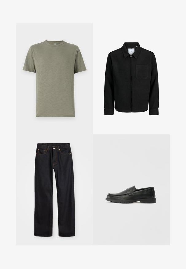 Black zip-up jacket with collar and single chest pocket, displayed on white background.; Olive green cotton t-shirt with a crew neckline, short sleeves, and a soft, smooth texture. Plain design with no patterns or accents.; Men’s straight-leg black denim jeans with five pockets and orange stitching, button and zip closure on front waistband.; Black leather loafers with a smooth finish, moccasin-style upper, stitched detailing, and a rubber sole. Classic design with a low heel.