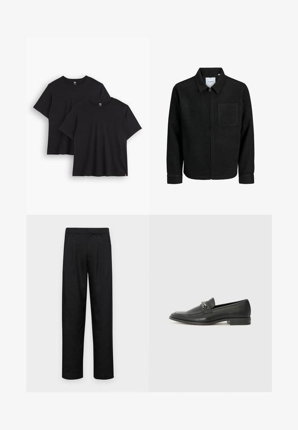 Crna jakna na zip s ovratnikom i jednim džepom na prsima, prikazana na bijeloj pozadini.; Dva crna pamučna majice kratkih rukava, s okruglim izrezima i opuštenim krojem. Svaka ima malu tkanu oznaku na rubu.; Crne hlače od glatkog materijala, s dizajnom ravnih nogavica, dva prednja nabora i standardnim pojasom s petljama za remen.; Crna kožna loafer cipela s glatkom finišem, s ušivenim uzorkom i dekorativnim metalnim lancem preko prednjeg dijela. Ravni potplat.