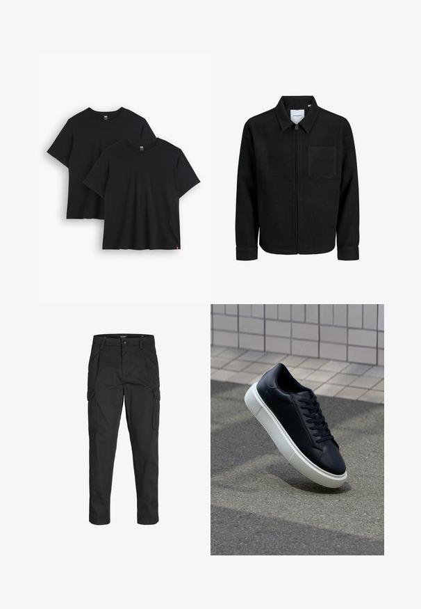 Sort lynlåsjakke med krave og en enkelt brystlomme, vist på hvid baggrund.; To sorte bomulds t-shirts med korte ærmer, rund halsudskæring og en afslappet pasform. Hver har et lille vævet mærke ved kanten.; Sorte cargo-bukser lavet af slidstærkt stof, der har flere lommer, en knaplukning og et slim fit design med smalle ben.; Sort lædersneaker med rund tå og hvid gummisål. Har flade snørebånd og minimal syning på overdelen. Tekstureret sål for bedre greb.