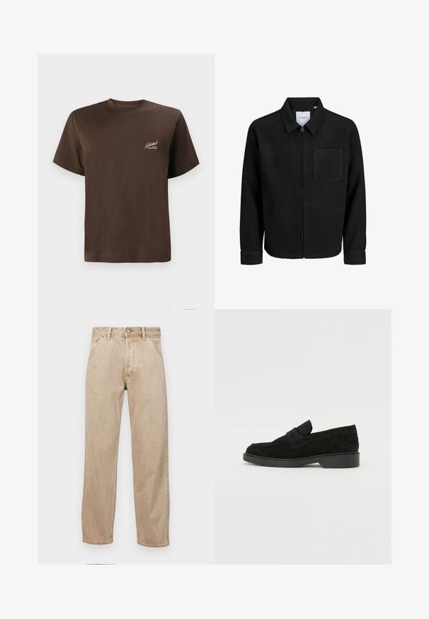 Crna jakna na zip s ovratnikom i jednim džepom na prsima, prikazana na bijeloj pozadini.; Smeđa pamučna majica s okruglim izrezom, kratkim rukavima i malim bijelim logotipom otisnutim s lijeve strane. Glatka tekstura, standardni kroj.; Bež teksas traperice ravnog kroja, s prednjim džepovima, metalnim zakopčavanjem i suptilnom teksturom.; Crne samočiste čizme od nubuka s niskim potpeticama, s jednostavnom trakom na gornjem dijelu i teksturiranim detaljima uz bočne strane.