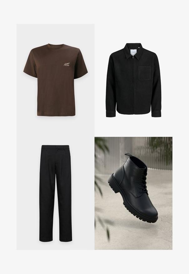 Juodas džemperis su užtrauktuku, apykakle ir vienu krūtiniu kišenėje, pristatytas baltame fone.; Rudas medvilninis marškinėlis su apvalia iškirpte, trumpomis rankovėmis ir mažu baltu logotipu priklijuotu kairėje pusėje. Sklandus paviršius, standartinė prislankai.; Juodi kelnių modeliai, pagaminti iš lygios medžiagos, turi tiesią kojas, du priekiniai klostės ir standartinę juosmenį su diržo kilpomis.; Juodi odiniai auliniai batai su apvaliu pirštu, su raišteliais ir tvirtu guminio pado dizainu. Romus paviršius su kilpeliu gale.