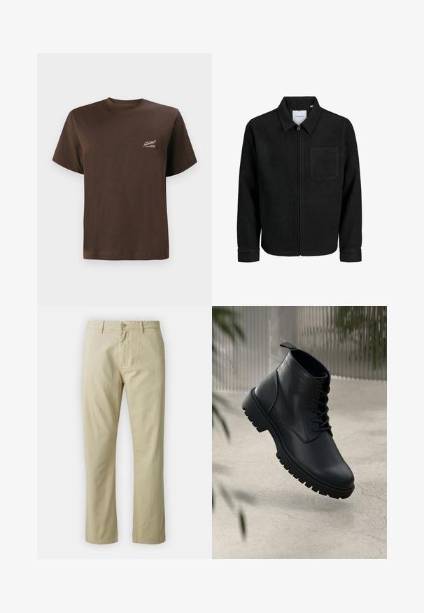 Musta vetoketjullinen takki, jossa on kaulus ja yksi rintatasku, esitelty valkoista taustaa vasten.; Ruskean puuvillapaita, jossa on pyöreä kaula-aukko, lyhyet hihat ja pieni valkoinen logo painettuna vasemmalle puolelle. Sujuva rakenne, normaali istuvuus.; Beige puuvillahousut suoran lahkeen muotoilulla, etupainike sulkeminen ja vyölenkit. Sileä pinta, ei näkyviä kuvioita tai yksityiskohtia.; Mustat nahka nilkkurit, joissa on pyöreä kärki, nauhakiinnitys ja kova kumipohja. Sujuva pinta, jossa on vetoketju takana.