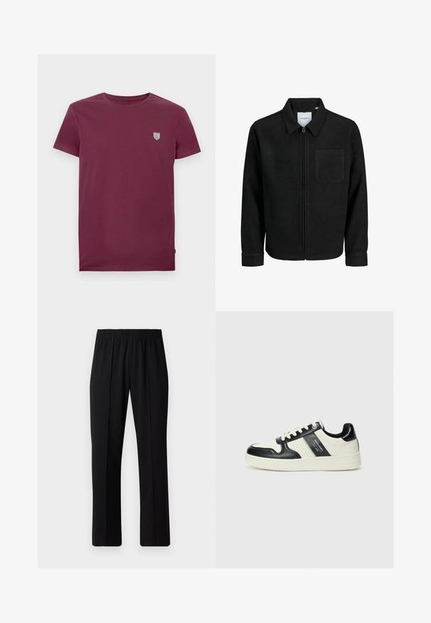 Chaqueta negra con cremallera y cuello, con un solo bolsillo en el pecho, expuesta sobre un fondo blanco.; Camiseta de algodón burdeos con cuello redondo y mangas cortas. Presenta un pequeño logo de escudo en la parte superior izquierda del pecho. Textura suave.; Pantalones negros con cintura elástica y diseño de pierna recta, con una textura suave y sin patrones o herrajes visibles.; Zapatillas de cuero con un esquema de colores negro y crema, que cuentan con acentos perforados, un collar acolchado y una suela texturizada.