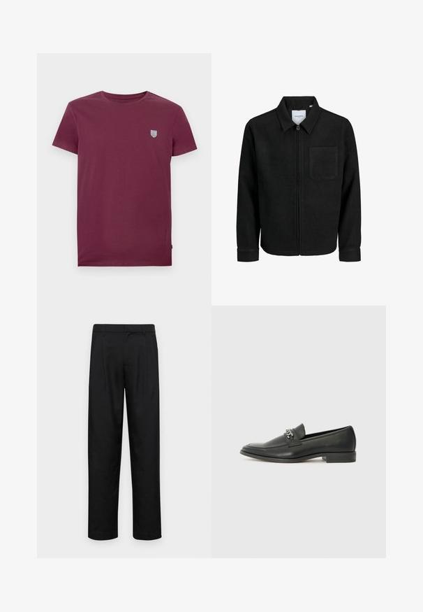 Musta vetoketjullinen takki, jossa on kaulus ja yksi rintatasku, esitelty valkoista taustaa vasten.; Burgundy puuvillainen t-paita, jossa on pyöreä kaula-aukko ja lyhyet hihat. Päällä on pieni kilpilogot vasemmassa ylärinnassa. Sujuva rakenne.; Mustat housut, jotka on valmistettu sileästä kankaasta, suoran lahkeen muotoilulla, kahdella etupleekillä ja tavanomaisella vyötäröllä, jossa on vyölenkit.; Musta nahkakengät, joissa on sileä pinta, koristeelliset ompeleet ja metalliketjun yksityiskohta kengän päällä. Littee korko.