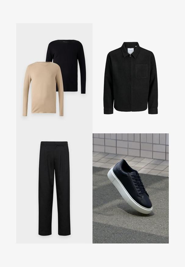 Giacca nera con zip, colletto e una tasca sul petto, mostrata su sfondo bianco.; Due magliette a maniche lunghe: una beige e una nera. Tessuto morbido e stretch con scollature rotonde e design minimalista.; Pantaloni neri realizzati in tessuto liscio, caratterizzati da un taglio dritto, due pieghe frontali e una vita standard con passanti per la cintura.; Sneaker in pelle nera con punta arrotondata e suola in gomma bianca. Presenta lacci piatti e cuciture minime sulla parte superiore. Suola testurizzata per una migliore aderenza.