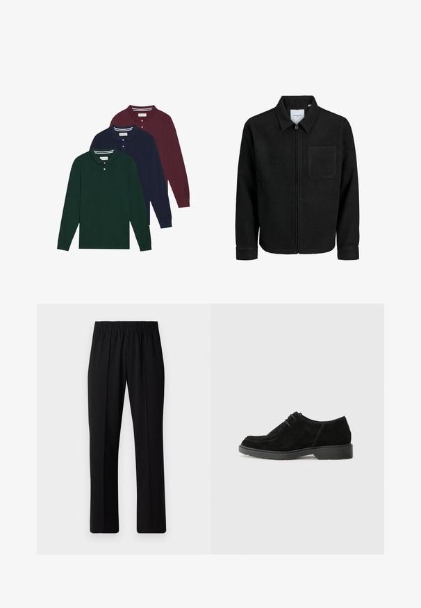 Melna jaka ar rāvējslēdzēju un apkakli, vienu krūšu kabatu, parādīta uz baltas fona.; Trīs garās piedurknes polo krekli tumši zaļā, jūras zila un bordo krāsā, ar klasiskām apkaklēm un pogām. Mīksta, teksturēta auduma.; Melni elastīgi bikses ar taisnas kājas dizainu, ar gludu tekstūru un bez redzamām zīmēm vai detaļām.; Melnas zamša kleitu kurpes ar noapaļotu pirkstu, kontrastējošu šuvju un gumijas zoli. Ievērojams minimālais auklu dizains un gludā augšdaļa.