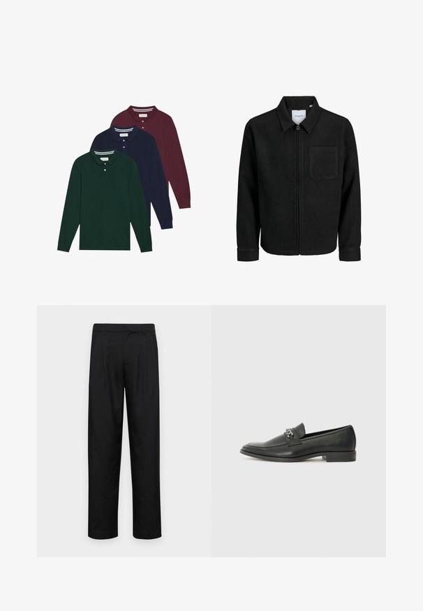 Chaqueta negra con cremallera y cuello, con un solo bolsillo en el pecho, expuesta sobre un fondo blanco.; Tres camisetas polo de manga larga en verde oscuro, azul marino y burdeos, con cuellos clásicos y botones. Tejido suave y texturizado.; Pantalones negros de tela suave, con un diseño de pierna recta, dos pliegues frontales y una cintura estándar con trabillas para el cinturón.; Mocasín de cuero negro con un acabado suave, que cuenta con un diseño de costura y un acento decorativo de cadena de metal en el empeine. Tacón plano.