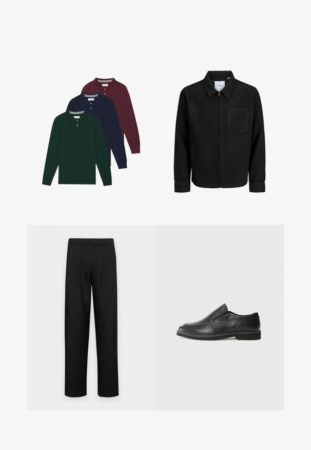 Sort lynlåsjakke med krave og en enkelt brystlomme, vist på hvid baggrund.; Tre langærmede polo shirts i mørkegrøn, marineblå og bordeaux, med klassiske kraver og knapper. Blødt, tekstureret stof.; Sorte bukser lavet af glat stof, med et lige ben-design, to frontfolder og en standard talje med bæltestropper.; Sorte læder slip-on sko med en glat overdel, syede detaljer, rund tå og en lav gummihæl. Sålen har minimal profil.