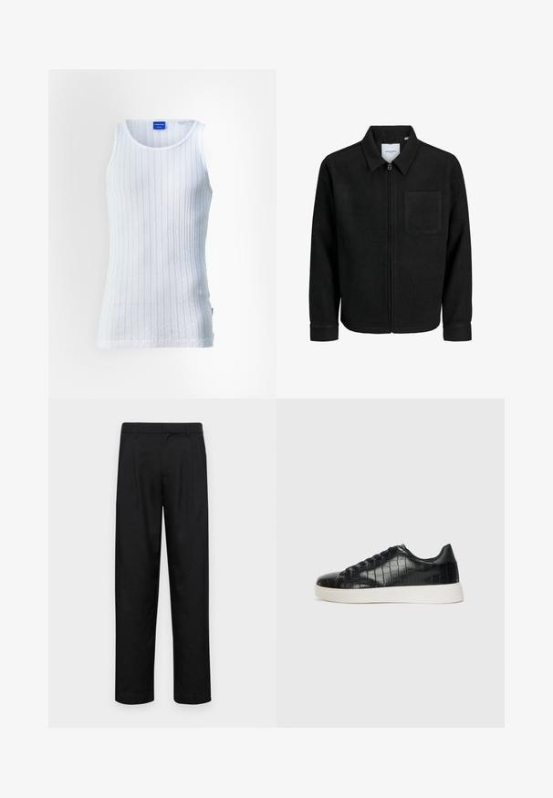 Zwarte zip-up jas met kraag en enkele borstzak, weergegeven op een witte achtergrond.; Jack & Jones JORHAWTHORNE TANK - Top - bright white; Zwarte broeken van gladde stof, met een recht model, twee voorknikken en een standaard tailleband met riemlussen.; Zwarte sneakers met een gestructureerde leren bovenkant met krokodilpatroon, een ronde neus en een contrasterende witte rubberen zool met een gladde afwerking.