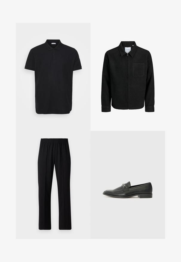 Jachetă neagră cu fermoar, cu guler și un singur buzunar pe piept, expusă pe fundal alb.; Tricou polo negru cu o textură canelată, având un guler clasic, o plachetă cu trei nasturi și un accent subtil al logo-ului pe partea stângă a pieptului.; Pantaloni negri cu talie elastică, cu un design cu picioare drepte, având o textură netedă și fără modele sau accesorii vizibile.; Pantofii negri din piele cu un finisaj neted, având un design cusut și un accent decorativ de lanț metalic peste partea de sus. Toc plat.