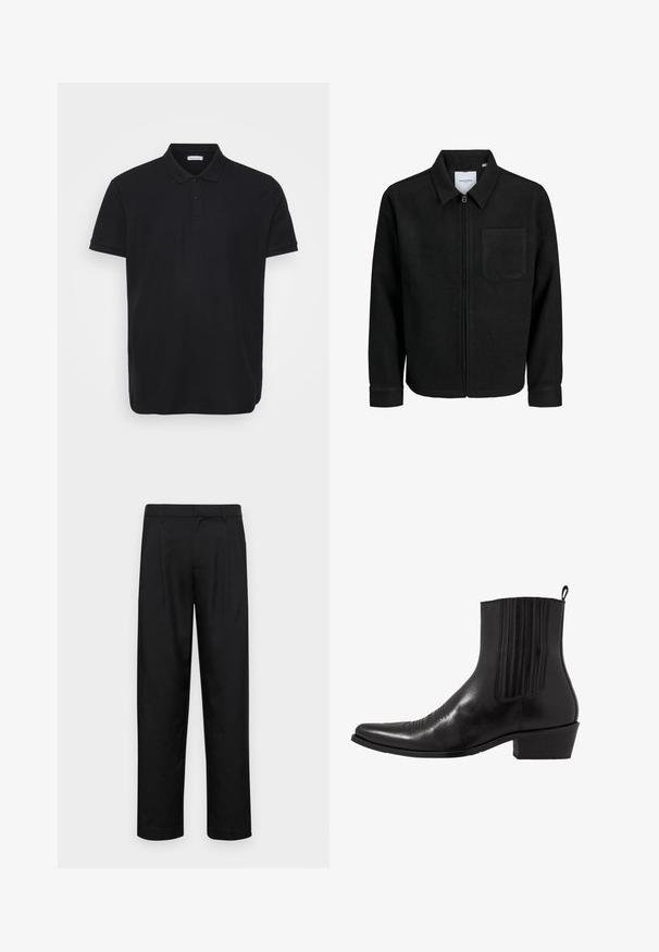 Sort lynlåsjakke med krave og en enkelt brystlomme, vist på hvid baggrund.; Sort polo shirt i ribbet tekstur, med klassisk krave, tre-knaps stolpe og diskret logo accent på venstre bryst.; Sorte bukser lavet af glat stof, med et lige ben-design, to frontfolder og en standard talje med bæltestropper.; Sort læder ankelstøvle med spids tå, elastiske sidepaneler, lodrette stikninger og en lav blokhæl.