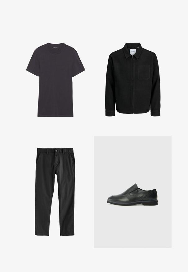 Zwarte zip-up jas met kraag en enkele borstzak, weergegeven op een witte achtergrond.; Donkergrijze kortearm t-shirt in een zachte, gladde stof. Ronde halslijn met schone naden en zonder versieringen of patronen.; Zwarte broek van soepel materiaal, met een knoopsluiting, zijzakken en een rechte pijp. Geen zichtbare patronen of textuur.; Zwarte leren instapper met een soepele bovenkant, gestikte accenten, ronde neus en een lage rubberen hak. De zool heeft minimale profiel.