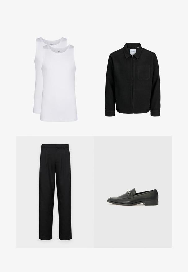 Juodas džemperis su užtrauktuku, apykakle ir vienu krūtiniu kišenėje, pristatytas baltame fone.; Balti balti medvilniniai tankiai, be rankovių dizainas, apvalus kaklas, vientisas paviršius, pagaminti iš minkštos, lengvos medžiagos. Pavaizduoti du vienetai.; Juodi kelnių modeliai, pagaminti iš lygios medžiagos, turi tiesią kojas, du priekiniai klostės ir standartinę juosmenį su diržo kilpomis.; Juodos odinės loafer tipo bateliai su lygiu paviršiumi, turintys siuvinėtą dizainą ir dekoratyvų metalo grandinėlės akcentą ant batų viršaus. Plokščias kulnas.