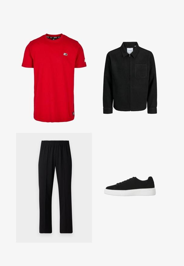 Mustaga lukuga jakker, millel on krae ja üks rinna-tasku, esitatud valgel taustal.; Punane puuvillane T-särk, millel on ümar kaelus, lühikesed varrukad ja väike must logo vasakul rinnal ning varrukal. Sile, ühtlane värv.; Mustad, elastse puusärgid sirge säärega, mis on sileda tekstuuriga ja ilma nähtavate mustrite või riistadega.; Must musta ketsid ümarate varvastega, lukk ees ja valge kummist taldadega. Lihtne disain minimaalse aktsentiga ja siledat tekstuuri.