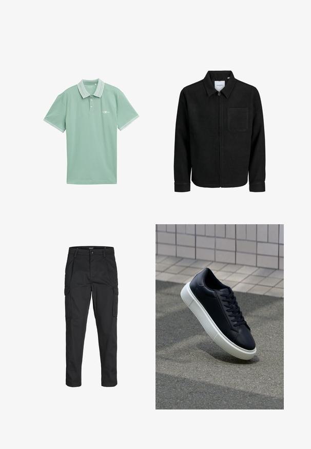Sort lynlåsjakke med krave og en enkelt brystlomme, vist på hvid baggrund.; Lys grøn polo skjorte lavet af blød stof, med en klassisk krave med en kontrasterende hvid kant og et lille logo på brystet.; Sorte cargo-bukser lavet af slidstærkt stof, der har flere lommer, en knaplukning og et slim fit design med smalle ben.; Sort lædersneaker med rund tå og hvid gummisål. Har flade snørebånd og minimal syning på overdelen. Tekstureret sål for bedre greb.