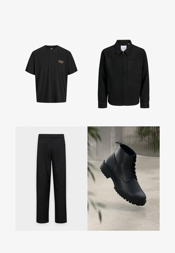 Czarna kurtka z zamkiem na całej długości, z kołnierzem i jedną kieszenią na piersi, umieszczona na białym tle.; Czarny bawełniany t-shirt o luźnym kroju. Posiada małe, złote logo nadrukowane na lewej piersi. Krótkie rękawy i okrągły dekolt.; Czarne spodnie wykonane z gładkiego materiału, z prostą nogawką, dwoma fałdami z przodu oraz standardowym paskiem z wypustkami na pasek.; Czarne skórzane botki na kostkę z okrągłym noskiem, sznurowanym zapięciem i solidną gumową podeszwą. Gładka struktura z pętelką z tyłu.