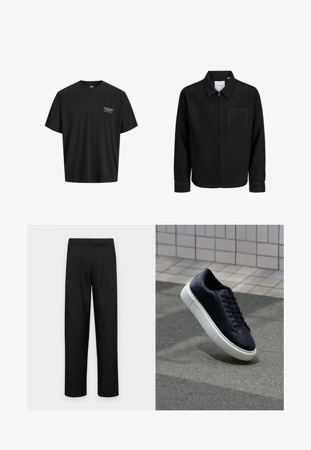 Crna jakna na zip s ovratnikom i jednim džepom na prsima, prikazana na bijeloj pozadini.; Crna pamučna majica s opuštenim krojem. Ima mali zlatni logo otisnut na lijevoj strani prsnog koša. Kratki rukavi i okrugli izrez.; Crne hlače od glatkog materijala, s dizajnom ravnih nogavica, dva prednja nabora i standardnim pojasom s petljama za remen.; Crne kožne tenisice s zaobljenim vrhom i bijelim gumiranim potplatom. Imaju ravne vezice i minimalno šivanje na gornjem dijelu. Teksturirani potplat za bolje prianjanje.
