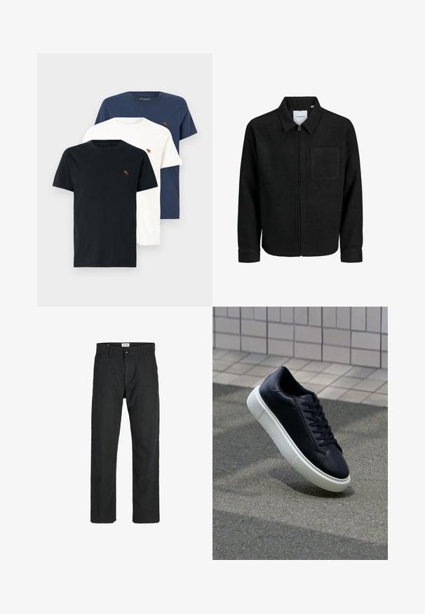 Juodas džemperis su užtrauktuku, apykakle ir vienu krūtiniu kišenėje, pristatytas baltame fone.; Abercrombie & Fitch 3-Pack Polished Signature Icon Tees - Paprasti marškinėliai - casual black/mood indigo/white sand; Juodi kelniai, pagaminti iš tvirto audinio, su tiesiomis kojomis, siuvinėtomis detalėmis ir dviem priekinėmis kišenėmis funkcionalumui.; Juodas odinis sportbačius su apvaliu pirštu ir baltu gumuotu padu. Turi plokščias raišteles ir minimalų siuvimą viršuje. Padangos tekstūra užtikrina sukibimą.