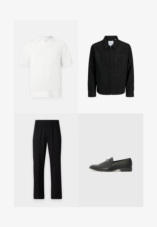 Sort lynlåsjakke med krave og en enkelt brystlomme, vist på hvid baggrund.; Hvid kortærmet polo skjorte med et tekstureret strikket design, der har en V-udskæring og ribbede manchetter for en tætsiddende finish.; Sorte bukser med elastisk talje og lige ben, der har en glat tekstur og ingen synlige mønstre eller hardware.; Sorte læder loafers med en glat finish, der har et syet design og et dekorativt metal kædeaccent hen over vamps. Flad hæl.