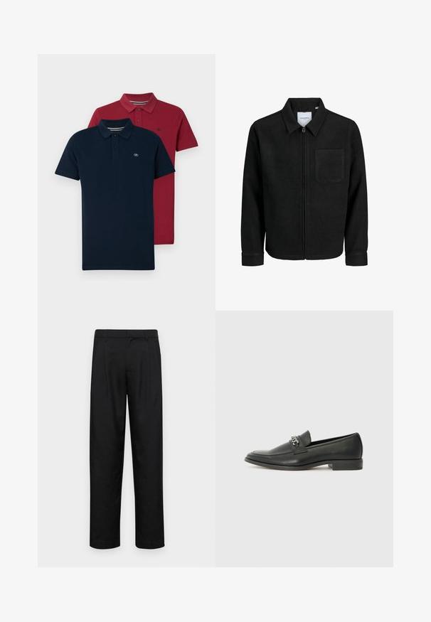 Giacca nera con zip, colletto e una tasca sul petto, mostrata su sfondo bianco.; Due polo shirt: uno blu navy, uno bordeaux. Entrambi presentano un colletto classico, una patta con tre bottoni e un logo ricamato sul petto.; Pantaloni neri realizzati in tessuto liscio, caratterizzati da un taglio dritto, due pieghe frontali e una vita standard con passanti per la cintura.; Mocassino in pelle nera con finitura liscia, caratterizzato da un design cucito e da un accento decorativo in catena metallica sul vamp. Tacco piatto.
