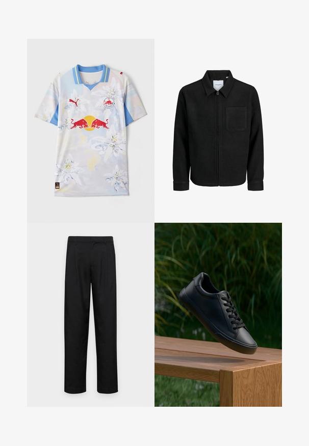 Fekete, zipzáros dzseki gallérral és egyetlen mellzsebbel, fehér háttéren.; Rövid ujjú mez világoskék és fehér virágmintával, piros logókkal és V-kivágással. Nedvességelvezető anyagból készült.; Fekete nadrág sima anyagból, egyenes szárú fazonnal, két elülső redővel és közönséges derékkal, övhurkokkal.; Fekete bőr sneaker sima textúrával, kerek orral és lapos cipőfűzővel, egy fa felület felett helyezkedik el, a háttérben zöld fűvel.