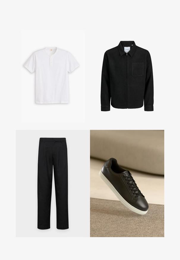 Čierna zipsová bunda s golierom a jednou náprsníkou, vystavená na bielom pozadí.; Biela krátkorpová henley tričko vyrobené z bavlny, s okrúhlym výstrihom, trojbodovým zapínaním a jemným logom na hrudi.; Čierne nohavice vyrobené z hladkej tkaniny, s rovnými nohavicami, dvoma prednými skladmi a štandardným pásom s pútkami na opasok.; Čierne kožené tenisky s bielou gumovou podrážkou a čiernymi šnúrkami, umiestnené na béžovom textilnom povrchu a pozadí.