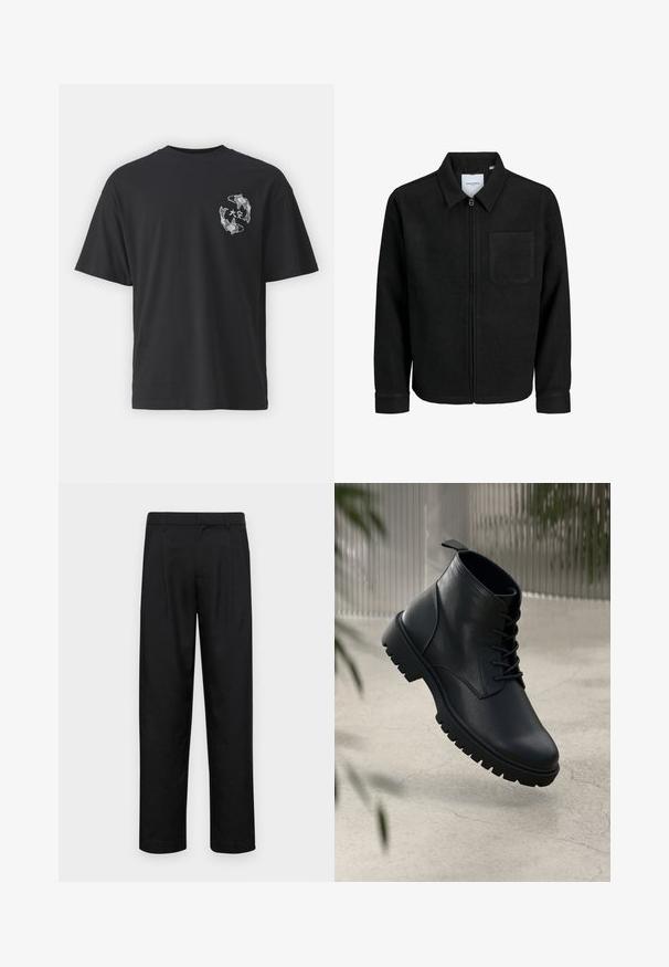 Chaqueta negra con cremallera y cuello, con un solo bolsillo en el pecho, expuesta sobre un fondo blanco.; Camiseta de algodón negra con un diseño frontal de dos peces koi en blanco, acentos redondeados y caracteres japoneses encima de ellos. Mangas cortas, corte relajado.; Pantalones negros de tela suave, con un diseño de pierna recta, dos pliegues frontales y una cintura estándar con trabillas para el cinturón.; Botas de cuero negro hasta el tobillo con punta redondeada, diseño de cordones y suela de goma resistente. Textura suave con una pestaña en la parte posterior.