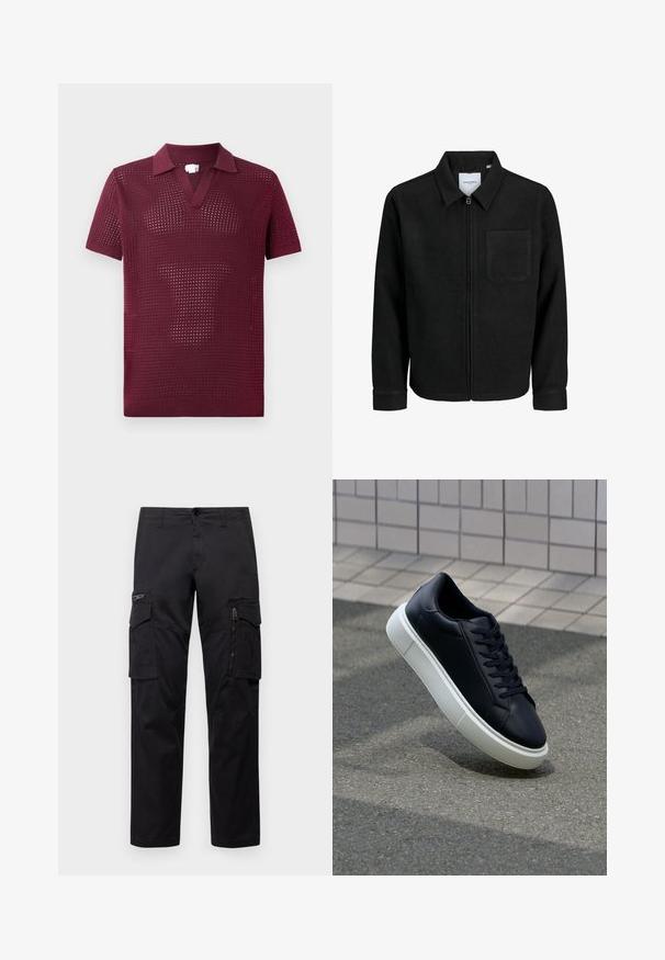 Juodas džemperis su užtrauktuku, apykakle ir vienu krūtiniu kišenėje, pristatytas baltame fone.; Burgundijos spalvos trumpomis rankovėmis polo marškiniai su tekstūruota atvira audimo struktūra, savyje turi V formos kaklą ir struktūrizuotą apykaklę, pagaminti iš lengvos mezginio medžiagos.; Juodos krovinių kelnės, turinčios kelis kišenes, užtrauktuku uždaromą kišenę ant šlaunies, tiesaus kirpimo ir tvirtos medvilnės audinys su nežymiu blizgesiu.; Juodas odinis sportbačius su apvaliu pirštu ir baltu gumuotu padu. Turi plokščias raišteles ir minimalų siuvimą viršuje. Padangos tekstūra užtikrina sukibimą.
