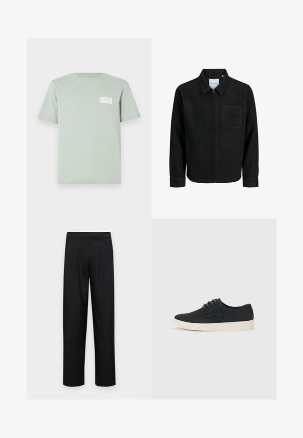 Črna jakna z zadrgo in ovratnikom ter enim žepom na prsih, prikazana na beli podlagi.; Svetlo zelena bombažna majica s krožnim izrezom in kratkimi rokavi. Na levi strani prsnega dela je natisnjen beli logo "JACK & JONES".; Črne hlače iz gladkega materiala, s krojem ravne noge, dvema sprednjima pregiboma in standardnim pasom z zankami za pas.; Črne semiš čipkaste čevlje z zaobljenim prstom, lahkotno kremasto podplat in subtilni modri šivi na zgornjem delu.