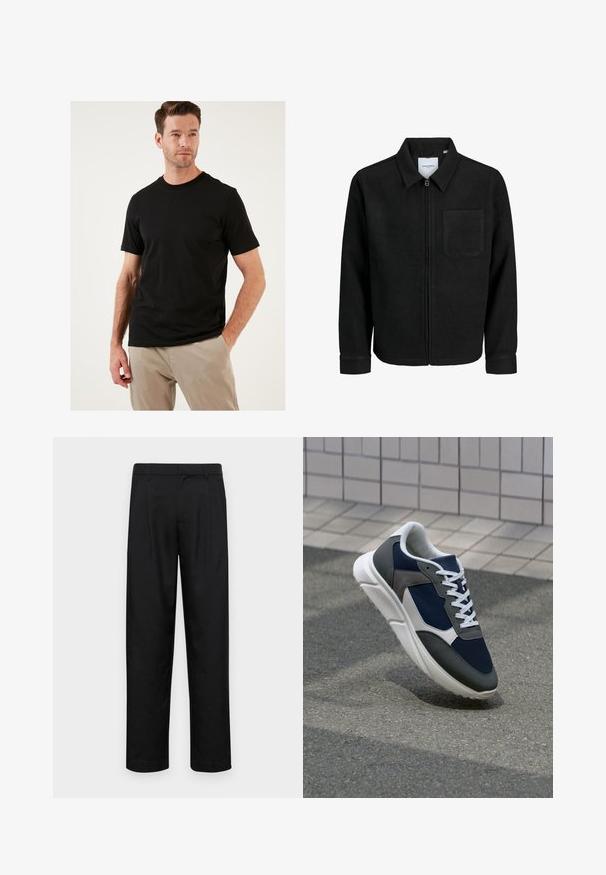 Mustaga lukuga jakker, millel on krae ja üks rinna-tasku, esitatud valgel taustal.; Musthave mustavalge lühikeste varrukatega T-särk, mis on valmistatud puuvillast ja millel on klassikaline ümar kaelus. Sujuv tekstuur ja keha lähedane disain, kantud heledate pükstega.; Mustad mustadest riietest, millel on sirge jalgade disain, kaks eesmist voltimist ja tavaline vöökoht, millel on vöökohad.; Sneaker, mille sinine võrkkangas, hallid nubukdetailid, valge kummitald ja lamedad valged paelad, disainitud mugavuseks ja hingavuseks.