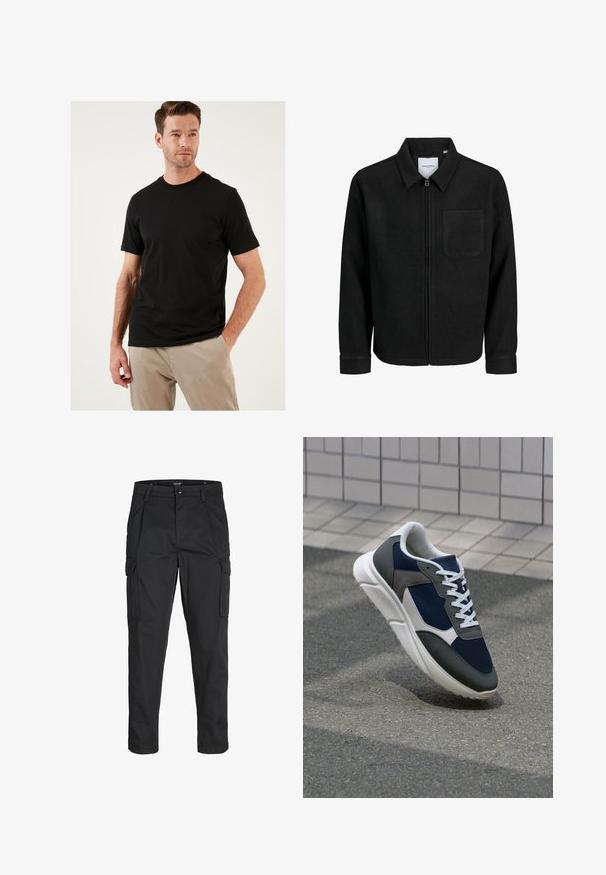 Jachetă neagră cu fermoar, cu guler și un singur buzunar pe piept, expusă pe fundal alb.; Tricou negru cu mânecă scurtă din material de bumbac, cu guler clasic. Textură netedă și design ajustat, purtat cu pantaloni de culoare deschisă.; Pantaloni cargo negri dintr-un material rezistent, cu multiple buzunare, închidere cu nasture și un design slim fit cu picioare conice.; Adidași cu un uppers din plasă albastră închisă, accente din suede gri, talpă din cauciuc alb și șireturi plate albe, concepuți pentru confort și respirabilitate.