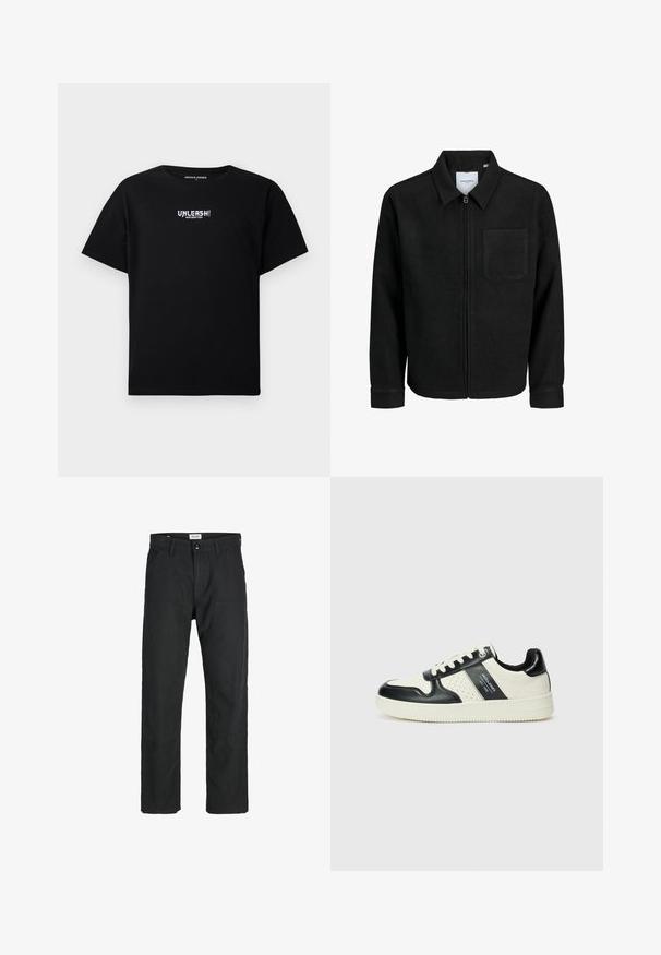 Schwarze Zip-Jacke mit Kragen und einer einzelnen Brusttasche, auf weißem Hintergrund präsentiert.; Schwarzes Baumwoll-T-Shirt mit kurzen Ärmeln und Rundhalsausschnitt. Auf der Vorderseite befindet sich zentral ein weißer Grafiktext "UNLEASH!".; Schwarze Hosen aus strapazierfähigem Stoff, mit geradem Bein, genähten Akzenten und zwei vorderen Taschen für Funktionalität.; Leder-Sneaker in Schwarz- und Cremetönen, mit perforierten Akzenten, einem gepolsterten Kragen und einer strukturierten Laufsohle.