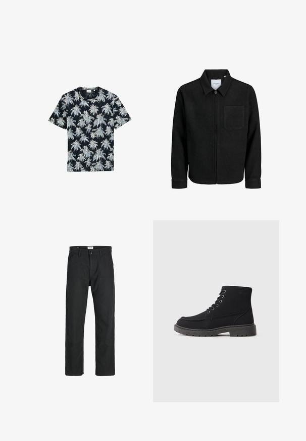 Schwarze Zip-Jacke mit Kragen und einer einzelnen Brusttasche, auf weißem Hintergrund präsentiert.; Kurzärmliges navy T-Shirt mit einem Muster aus weißen und hellblauen Palmen. Hergestellt aus weichem Stoff, mit rundem Hals und entspannter Passform.; Schwarze Hosen aus strapazierfähigem Stoff, mit geradem Bein, genähten Akzenten und zwei vorderen Taschen für Funktionalität.; Schwarze Knöchelstiefel aus strukturiertem Material mit flacher Sohle, runder Zehenform und Schnürung mit sechs Ösen. Verstärkte Nähte entlang des Randes.