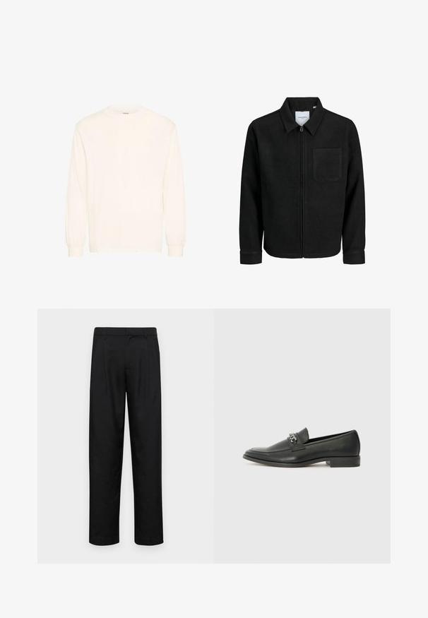 Črna jakna z zadrgo in ovratnikom ter enim žepom na prsih, prikazana na beli podlagi.; Majica z dolgimi rokavi v off-white bombažu s krožnim izrezom in elastičnimi manšeti, ki se ponaša z minimalističnim oblikovanjem in mehkim teksturami.; Črne hlače iz gladkega materiala, s krojem ravne noge, dvema sprednjima pregiboma in standardnim pasom z zankami za pas.; Črni usnjeni loafer z gladko površino, ki ima šivano zasnovo in dekorativni kovinski verižni naglas preko vampirja. Ravno peto.