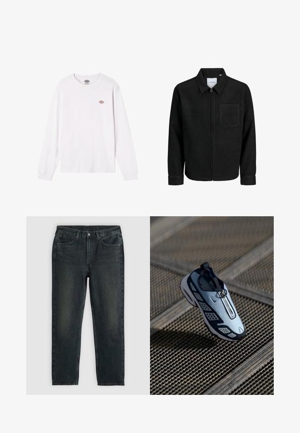 Musta vetoketjullinen takki, jossa on kaulus ja yksi rintatasku, esitelty valkoista taustaa vasten.; Valkoinen pitkähihainen t-paita, joka on valmistettu puuvillasta. Siinä on pieni pyöreä monivärinen logo rinnassa. Yksinkertainen muotoilu, jossa on ribattu hihansuu.; Tummansinisiä farkkuja suoran lahkeen leikkauksella, viidellä taskulla, vetoketjukiinnityksellä ja kontrastivärisillä ompeleilla. Kankaan pinnassa on hieno haalistuminen.; Nike-kengät, joissa on liukupäiväys, vaalean sininen yläosa, mustat yksityiskohdat ja rei'itetyt sivupaneelit. Pyöristetty kärki ja teksturoitu pohja.