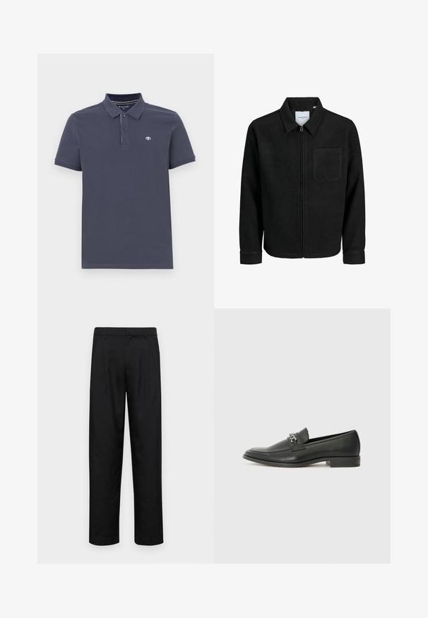 Czarna kurtka z zamkiem na całej długości, z kołnierzem i jedną kieszenią na piersi, umieszczona na białym tle.; Granatowa koszulka polo z mieszanki bawełny z dwoma guzikami, krótkimi rękawami i małym haftowanym logo na lewej stronie klatki piersiowej.; Czarne spodnie wykonane z gładkiego materiału, z prostą nogawką, dwoma fałdami z przodu oraz standardowym paskiem z wypustkami na pasek.; Czarne skórzane mokasyny o gładkim wykończeniu, z haftowanym wzorem i dekoracyjnym akcentem z metalowego łańcucha na wierzchu. Płaska pięta.