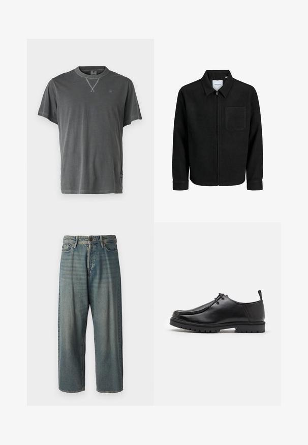 Czarna kurtka z zamkiem na całej długości, z kołnierzem i jedną kieszenią na piersi, umieszczona na białym tle.; Szara bawełniana koszulka z okrągłym dekoltem, krótkimi rękawami i teksturowanym wykończeniem dekoltu. Posiada małe logo na piersi oraz detal przy bocznym szwie.; Jasnoniebieskie dżinsy o luźnym kroju, średnim stanie i prostych nogawkach. Posiadają pięć kieszeni, szlufki na pasek oraz zapięcie na guzik.; Czarne skórzane buty zapinane na sznurowadła z wytrzymałą podeszwą i uchwytem na pięcie, pokazane z boku na białym tle.
