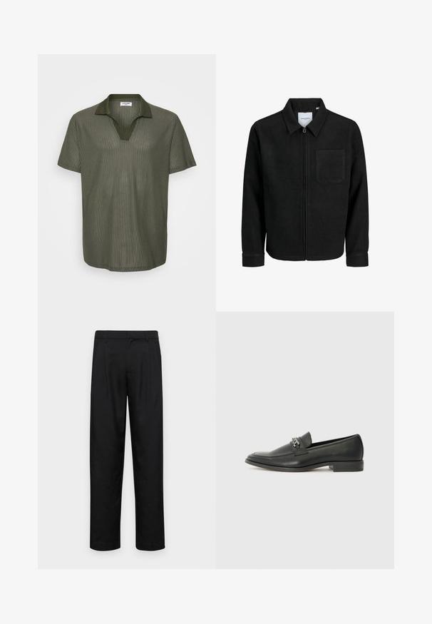 Czarna kurtka z zamkiem na całej długości, z kołnierzem i jedną kieszenią na piersi, umieszczona na białym tle.; Zielona oliwkowa koszulka polo z krótkim rękawem, o żebrowanej fakturze, z dekoltem w serek i kontrastującym wzorem kołnierzyka. Lekka tkanina o luźnym kroju.; Czarne spodnie wykonane z gładkiego materiału, z prostą nogawką, dwoma fałdami z przodu oraz standardowym paskiem z wypustkami na pasek.; Czarne skórzane mokasyny o gładkim wykończeniu, z haftowanym wzorem i dekoracyjnym akcentem z metalowego łańcucha na wierzchu. Płaska pięta.