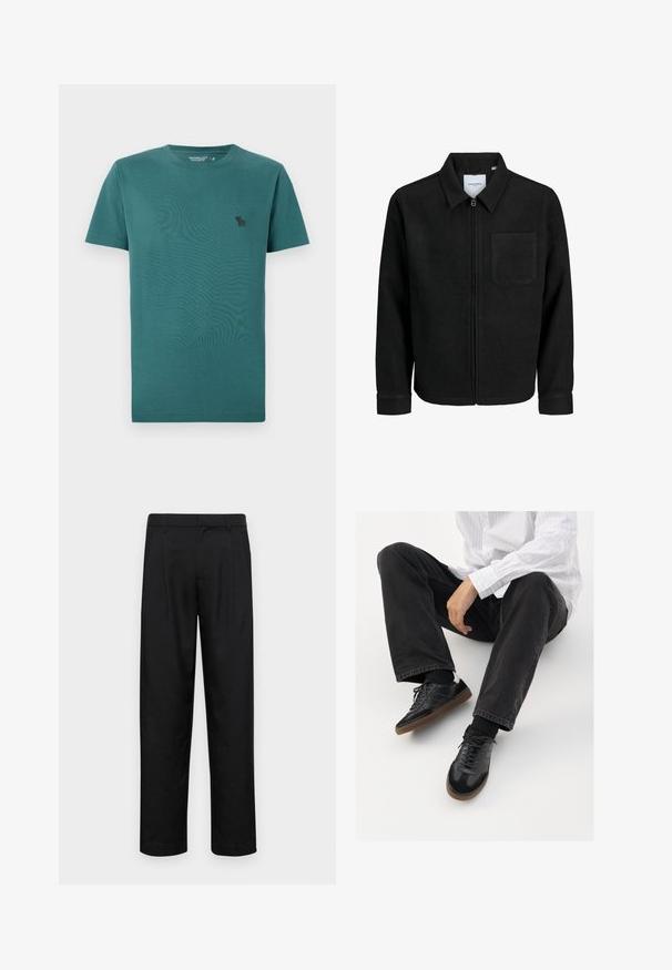 Čierna zipsová bunda s golierom a jednou náprsníkou, vystavená na bielom pozadí.; T-shirt s krátkym rukávom a okrúhlym výstrihom v odtieni teal vyrobený z bavlny. Má malé čierne logo na hrudi a hladkú, jemnú textúru.; Čierne nohavice vyrobené z hladkej tkaniny, s rovnými nohavicami, dvoma prednými skladmi a štandardným pásom s pútkami na opasok.; Čierne tenisky s hladkým a textúrovaným zvrškom, s gumovou podrážkou a tmavými šnúrkami. Kombinované s čiernymi džínsami a bielo-prúžkovanou košeľou.