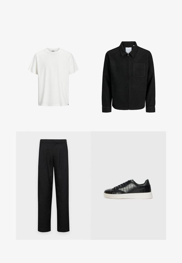 Melna jaka ar rāvējslēdzēju un apkakli, vienu krūšu kabatu, parādīta uz baltas fona.; Balts kokvilnas T-krekls ar klasisku apaļu kaklu, īsām piedurknēm un taisnu apakšmalu. Izceļas ar vienkāršo dizainu un mīksto tekstūru.; Melnas bikses, izgatavotas no gludas auduma, ar taisnu kāju dizainu, divām priekšējām krokām un standarta jostu, kurai ir āķi.; Melni sporta apavi ar teksturētu krokodila raksta ādas augšdaļu, noapaļotu pirkstu daļu un kontrastējošu baltu gumijas zoli ar gludu virsmu.