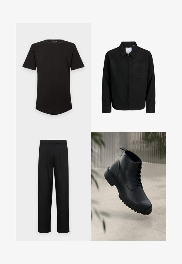 Black zip-up jacket with collar and single chest pocket, displayed on white background.; Black short-sleeve crew neck T-shirt with a curved hem and small logo tag near the bottom side seam.; Black trousers made of smooth fabric, featuring a straight-leg design, two front pleats, and standard waistband with belt loops.; Black leather ankle boots with a rounded toe, lace-up design, and rugged rubber sole. Smooth texture with a pull tab at the back.