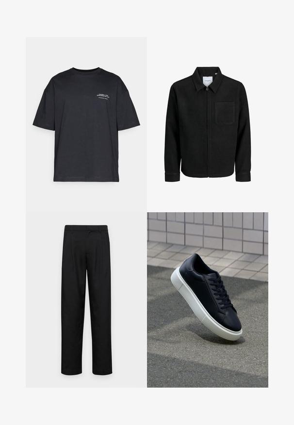 Chaqueta negra con cremallera y cuello, con un solo bolsillo en el pecho, expuesta sobre un fondo blanco.; Camiseta de algodón negra con mangas cortas, cuello redondo y detalles en texto blanco en el lado izquierdo. Corte holgado, textura lisa y sin patrones.; Pantalones negros de tela suave, con un diseño de pierna recta, dos pliegues frontales y una cintura estándar con trabillas para el cinturón.; Zapatilla de cuero negro con punta redonda y suela de goma blanca. Presenta cordones planos y un mínimo de costuras en la parte superior. Suela texturizada para proporcionar agarre.