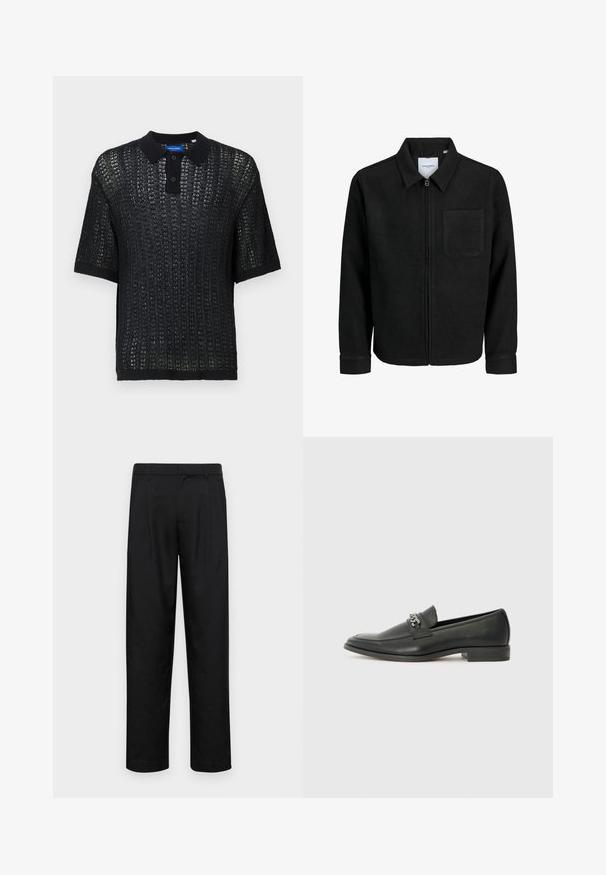 Czarna kurtka z zamkiem na całej długości, z kołnierzem i jedną kieszenią na piersi, umieszczona na białym tle.; Czarna koszulka polo z krótkim rękawem o tkanej fakturze, z kołnierzykiem, guzikami i ribbastymi mankietami. Wykonana z lekkiego materiału.; Czarne spodnie wykonane z gładkiego materiału, z prostą nogawką, dwoma fałdami z przodu oraz standardowym paskiem z wypustkami na pasek.; Czarne skórzane mokasyny o gładkim wykończeniu, z haftowanym wzorem i dekoracyjnym akcentem z metalowego łańcucha na wierzchu. Płaska pięta.